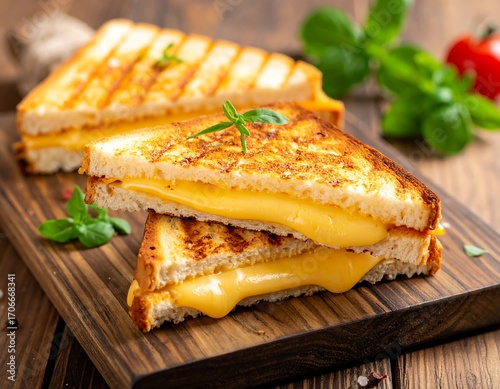 Melted cheese sandwiches on a wooden board