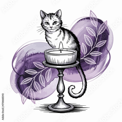 A playful striped cat sits on a decorative candleholder, accentuated by a gentle purple watercolor backdrop, emphasizing calm and whimsical feelings of companionship.