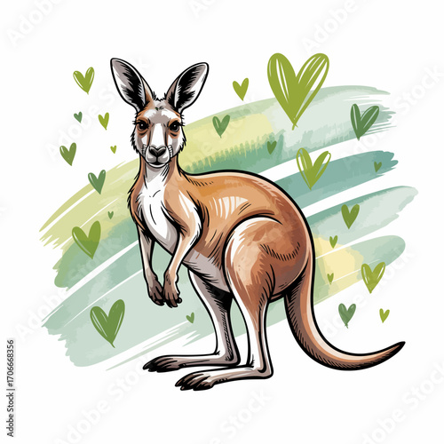 An engaging illustration depicts a charming kangaroo complemented by abstract heart motifs, symbolizing love, warmth, and emotional connections within a vibrant background.