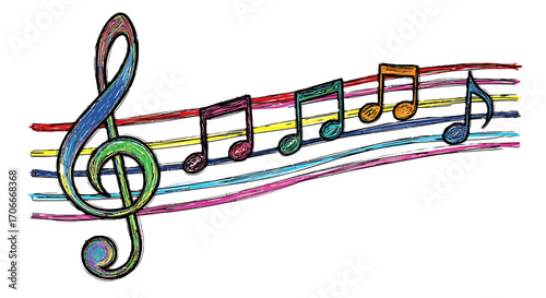 Colorful musical notes on a staff with a treble clef, creating a vibrant and artistic representation of music.