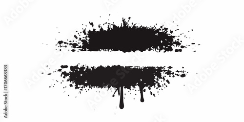 Abstract black ink splatters and drips forming horizontal brush strokes on a white background