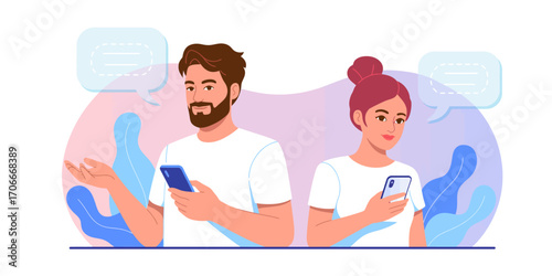 A man and a woman are engaged in conversation with their smartphones, highlighted by floating chat elements symbolizing modern communication and social interaction.