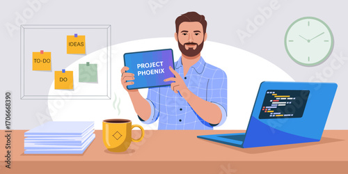 A man presents 'Project Phoenix' in a remote workspace filled with papers, a coffee cup, and a laptop showcasing coding, emphasizing productivity and organization.