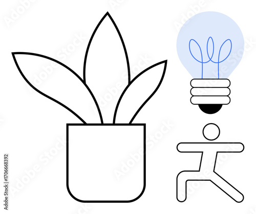 Potted plant with broad leaves, lightbulb with leaf filaments, and yoga pose figure. Ideal for mindfulness, health, sustainability, innovation, creativity personal growth balance. Simple flat