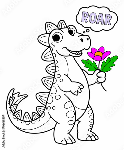 A delightful drawing of a friendly dinosaur holding a vibrant flower while exclaiming 'ROAR!', capturing the fun and adventurous spirit of childhood in a colorful style.