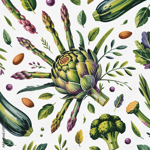 An array of fresh vegetables such as artichokes, zucchini, and asparagus is presented in a vibrant and colorful composition that celebrates harvest and healthy living.