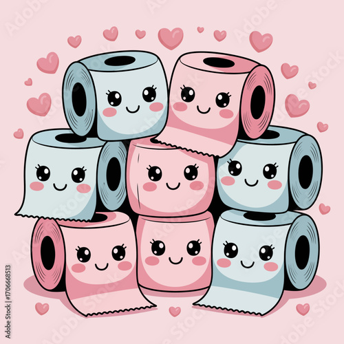 This vibrant illustration of toilet paper rolls features playful expressions and enchanting colors, evoking feelings of joy while adding a delightful charm to any space.