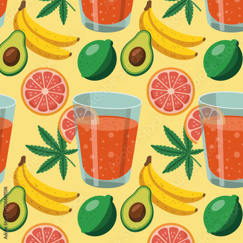 Dynamic and colorful pattern displaying a mixture of tropical fruits and refreshing drinks, capturing the essence of summer vibes while adding a fun aesthetic touch to designs.