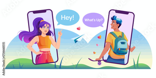 An animated scene featuring two teens engaging in a playful conversation over their smartphones, highlighting the joy and connectivity of youth relationships.