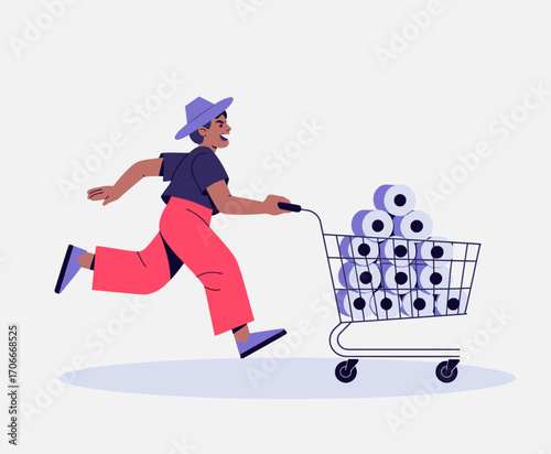 The vibrant image features a charismatic character gleefully pushing a shopping cart full of toilet paper rolls, showcasing enthusiasm and the joy of shopping for essentials.
