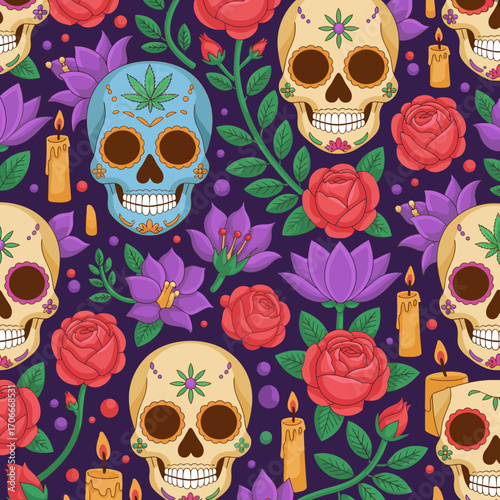 This image showcases a decorative skull motif adorned with rich colors and flora elements, embodying the essence of artistic culture and vibrant celebrations of life.