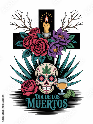 Featuring a beautifully designed skull against a cross backdrop, adorned with roses and surrounded by a drink, this piece captures the spirit of celebration at Día de los Muertos.