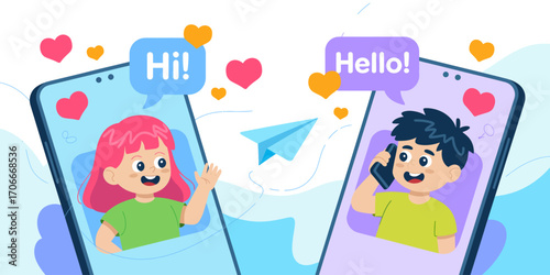 A cheerful illustration of two friends engaging in lively conversation through their phones, celebrating the joy of virtual connections and modern friendships.