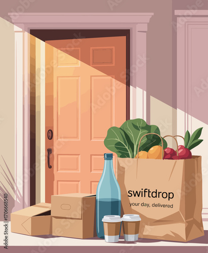 A cozy home scene showcasing a bag of fresh groceries with iconic branding, embodying the convenience of swift delivery and the excitement of fresh culinary ingredients.