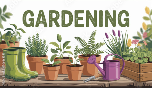 A picturesque setting featuring various potted plants, blooming flowers, and gardening gear, highlighting the beauty of nature and enriching gardening experiences.