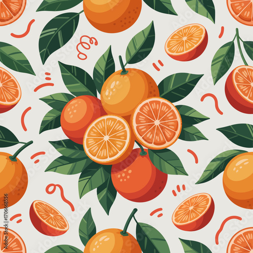This pattern features an array of fresh oranges, showcasing their vibrant colors and lush green leaves, ideal for a summery, refreshing tropical theme.