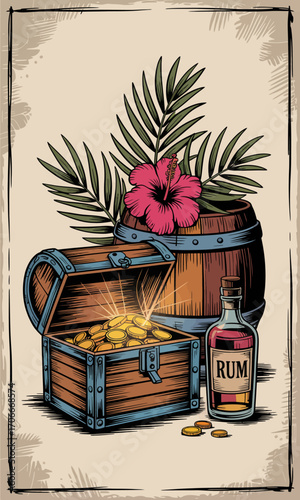 This dynamic artwork showcases a gleaming treasure chest filled with coins, a bottle of rum, and a bright flower, all set against a backdrop of lush greenery.