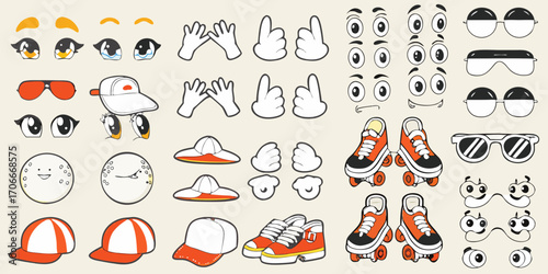 Collection of cartoon character elements including eyes eyebrows mouths hands hats sunglasses and roller skates