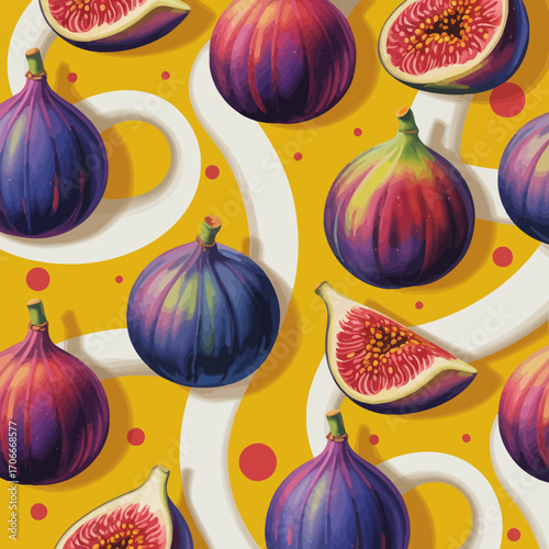 A vibrant design featuring fig fruits and slices set against a vivid yellow backdrop, creating a delightful and fresh aesthetic ideal for various creative projects.