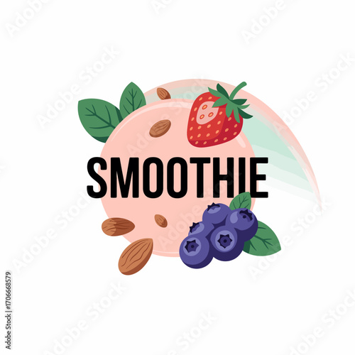 An artistic smoothie design featuring strawberries, blueberries, and nuts, depicting health and vitality within a vibrant color palette and modern artistic style.