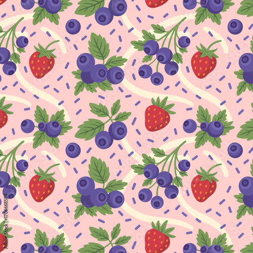 A delightful illustration of strawberries and blueberries interspersed with whimsical elements, providing a cheerful and vibrant design suitable for various uses.