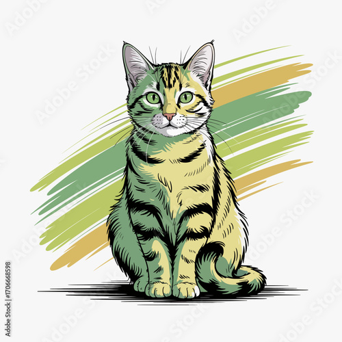 This vibrant illustration features a charming cat with striking green eyes and a striped coat, capturing the essence of feline grace and playfulness in artistic form.