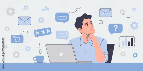 A young man ponders deeply while sitting at a desk, computer open with various chat and notification icons around, signifying communication and contemplation.