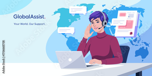 An illustration depicting a young support agent using modern technology to assist clients globally, symbolizing the digital transformation in customer service operations.