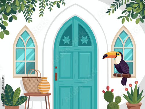 A charming home entrance adorned with vibrant plants, a lovely turquoise door, and a colorful toucan perched nearby, creating an inviting and serene atmosphere.