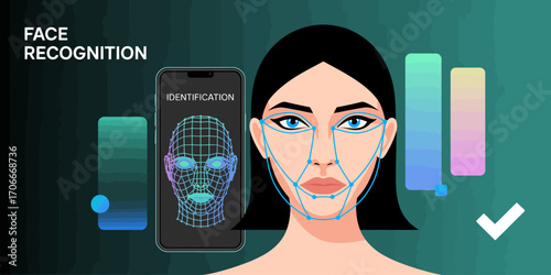 This digital artwork showcases a face recognition technology interface with graphical elements highlighting facial features and identification processes.