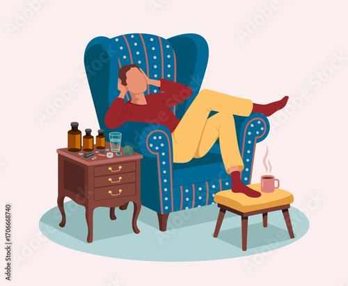 This relaxed image features a man unwinding in a luxurious armchair, showcasing a peaceful moment of solitude amidst a cozy atmosphere brimming with comfort.