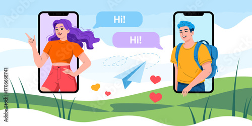 This lively illustration captures the moment of connection between two youngsters chatting on their smartphones, embodying the essence of modern relationships and technology.