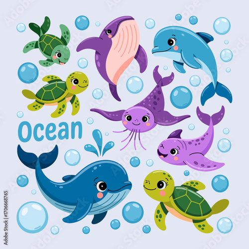 A delightful collection of cute marine creatures including whales, dolphins, and turtles surrounded by bubbles captures a joyful and playful ocean atmosphere.