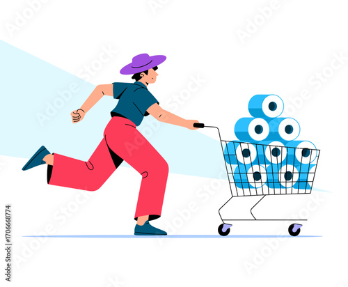 A person is rushing with a shopping cart filled with blue rolls, embodying the urgency of buying essentials and the hustle often associated with grocery shopping.