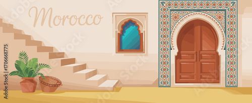 This captivating image features Moroccan architecture, complete with stairs and traditional details that evoke a sense of history and cultural richness.