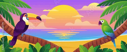 A vibrant tropical scene featuring two colorful birds, a toucan and a parrot, perched on palm trees against a stunning sunrise over the ocean with serene waves.