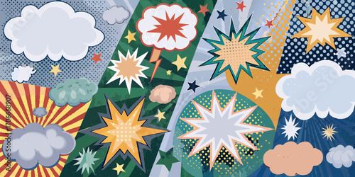 Dynamic comic book style explosion and speech bubble collage with stars and clouds
