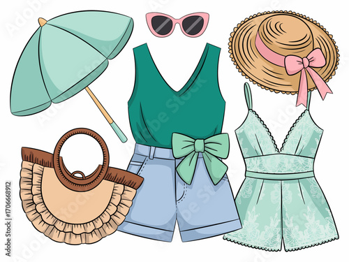 A vibrant collection of summer fashion, featuring a stylish tank top, shorts, sunglasses, and a beach hat, perfect for enjoying sunny days by the shore or poolside.