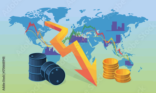 This visual emphasizes the trends indicating a decline in oil prices, featuring barrels, coins, and a world background that connects economic factors globally.