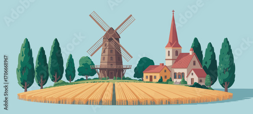 This stylish illustration captures the essence of a rustic landscape featuring a windmill, church, and fields, creating a harmonious connection with nature and traditional life.