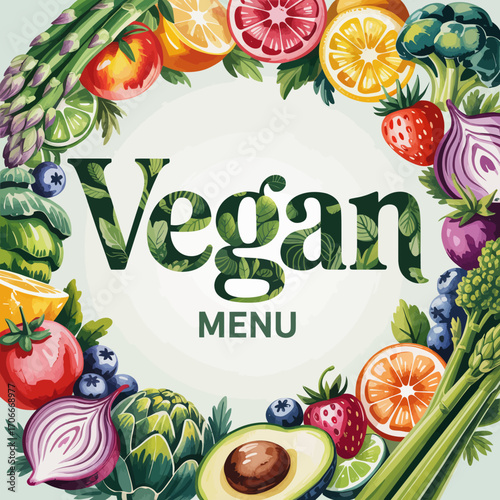 This vibrant vegan menu design features an array of fresh fruits and vegetables, representing a healthy and delicious lifestyle to attract health-conscious diners.