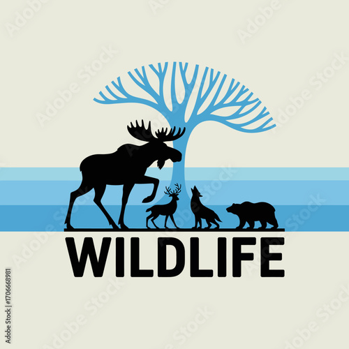 A modernistic wildlife artwork depicting animal silhouettes against a minimalist background, emphasizing the harmony and uniqueness of nature’s creatures and their habitats.