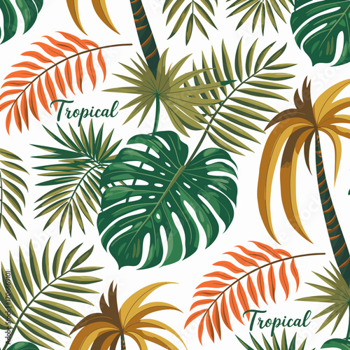 A vibrant pattern showcasing various tropical leaves, with the word 'Tropical' stylishly integrated, emphasizing an exotic, lively atmosphere.