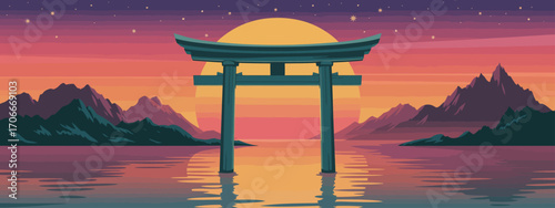 A tranquil sunset panorama featuring a stunning torii gate silhouette against a vibrant sky, reflecting beautifully on the calm water of a serene lake.