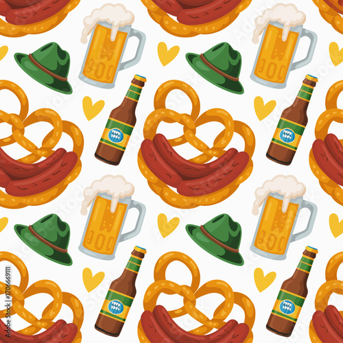 A fun repeating pattern showcasing classic Oktoberfest food and drink including pretzels, beer, and sausages, invoking a festive, cheerful atmosphere full of celebration.