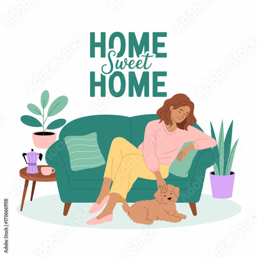 This heartwarming image captures a woman enjoying her time with a fluffy dog on the couch, symbolizing companionship and the joy of home life.
