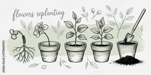 This visually informative image outlines the steps of replanting flowers, providing essential guidance for gardeners looking to enhance their planting techniques effectively.