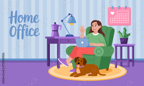A comfortable home office scene featuring a person happily working on a laptop while sitting in a cozy chair, with a playful dog nearby and a vibrant indoor plant.