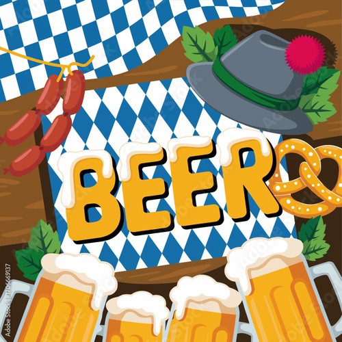 This lively image highlights beer themed elements paired with a blue and white checkered pattern, symbolizing Bavarian culture and festivities, perfect for Oktoberfest promotions.