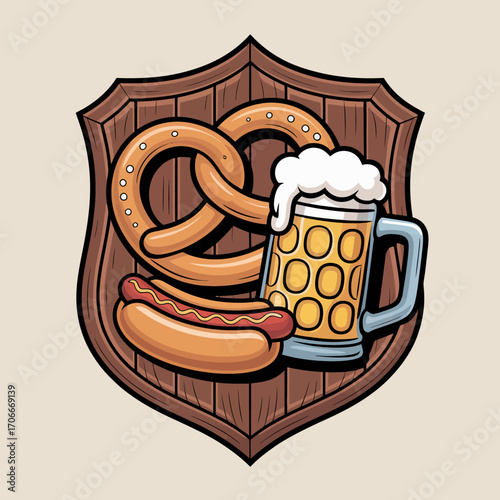 A fun and inviting graphic design that features a beer mug, pretzel, and hot dog, all presented on a rustic wooden shield, perfect for a bar or party atmosphere.